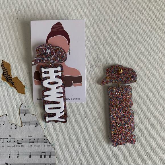 Disco Cowgirl Howdy Multicolor Glitter Charm Drop Festival Statement Earrings - Picture 6 of 6